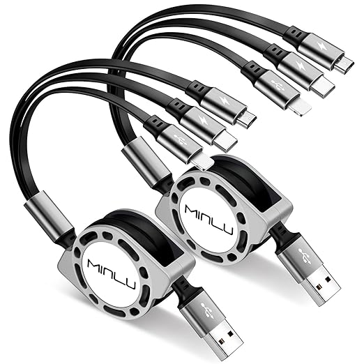 Multi Charging Cable 3A, [2Pack 4ft] Retractable Multi Charging Cord 3 in 1 Fast Charger Cord, Multi Charger Adapter with Lightning/Type C/Micro USB Ports for Cell Phones/iPhone/Samsung/PS/Tablets
